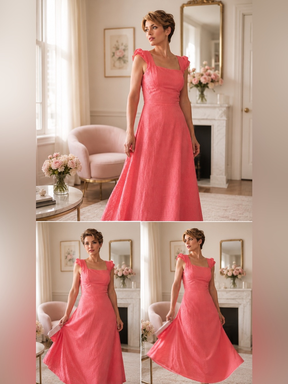 Handmade Coral‑Pink Midi Dress — Fully Lined + Matching Quilted Pouch